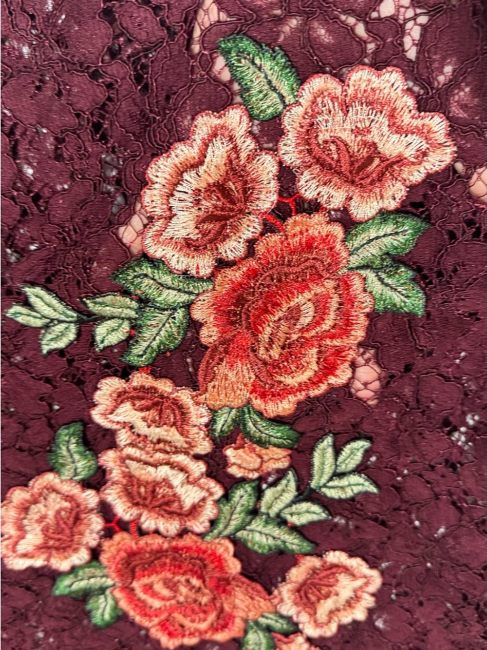 Karen Kane Burgundy Lace with Floral Embroidery Embellished Bell Sleeve Lace Top - Picture 7 of 16